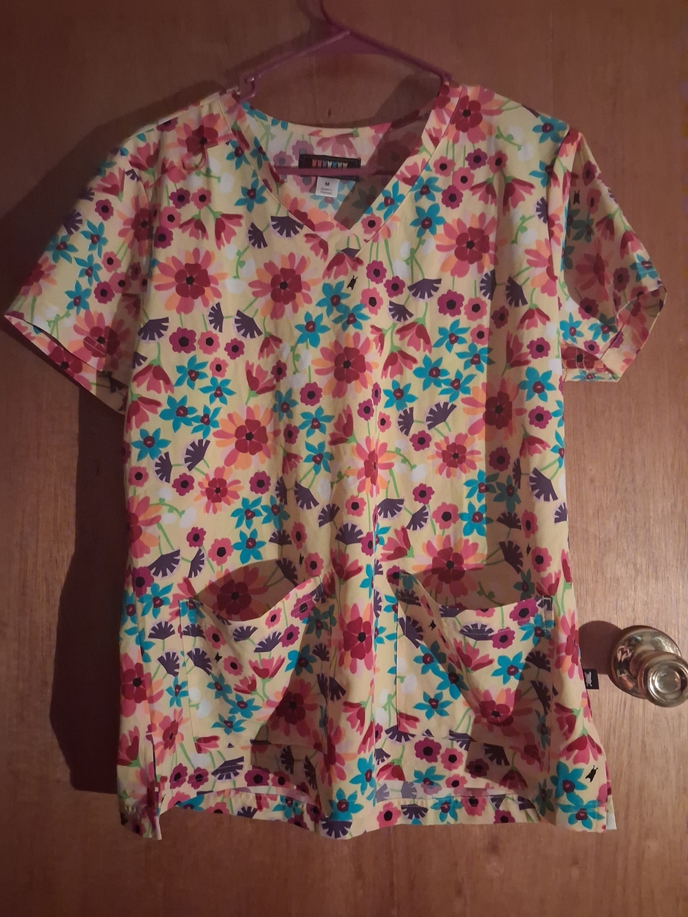 koi Floral Print V-Neck Scrub Top in Yellow, Pink, Turquoise